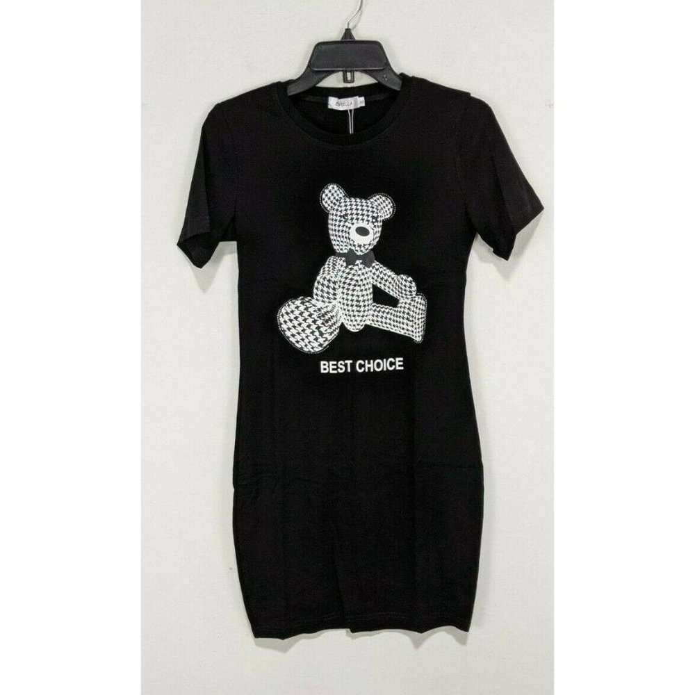 Estella BlackT-Shirt dress BEST CHOICE and Toy Bear Image, Cotton Small